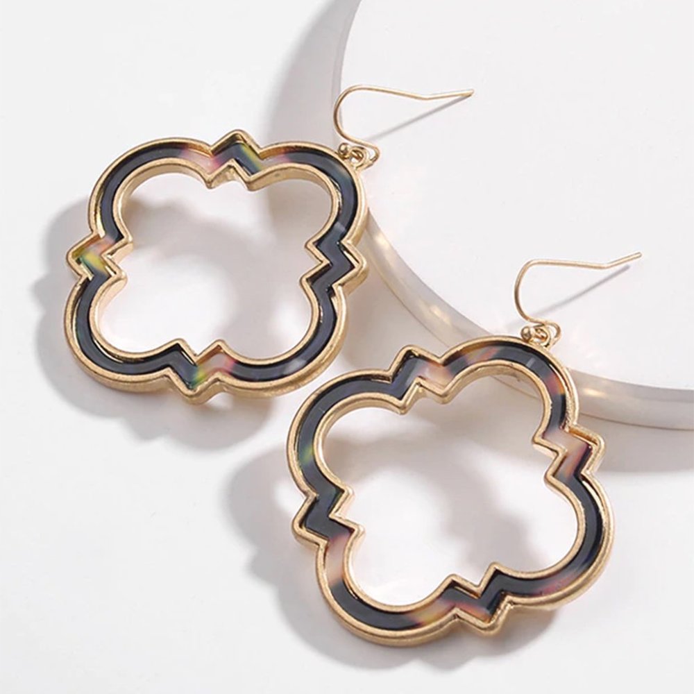 Natural Tortoise Shell Morocco Frame Dangle Earrings - Black Pink - Picture 1 of 1